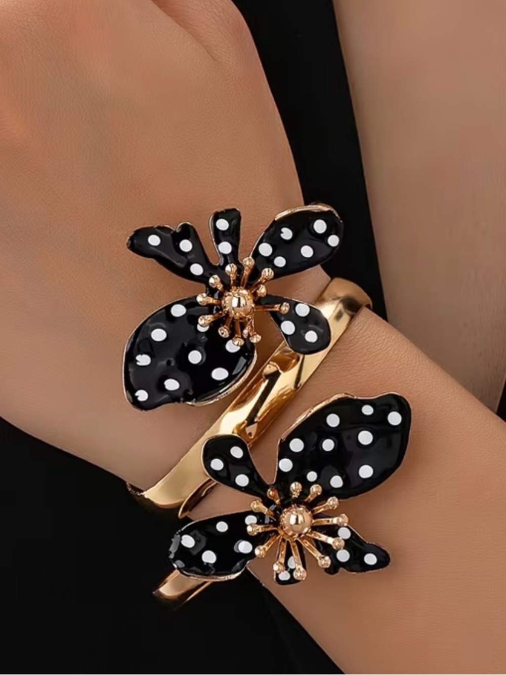 Gold-Tone Black Polka Dot Flower Cuff Bracelet